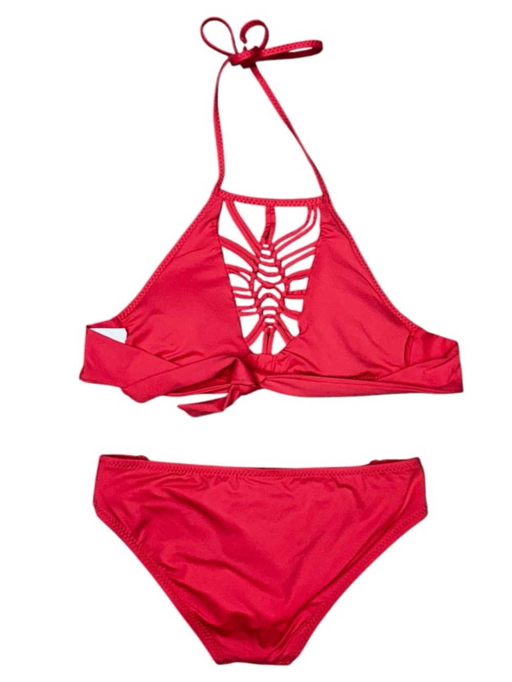 Becca Janis Bikini Electric Coral High Neck Halter Small, Macramé High-Neck - Picture 3 of 13